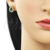 Arete Dormilona 02.283.0386.2 Oro Laminado, Diseño de Gota y Cluster, con Verde and Blanca Zirconia Cubica, Pulido, Tono Dorado