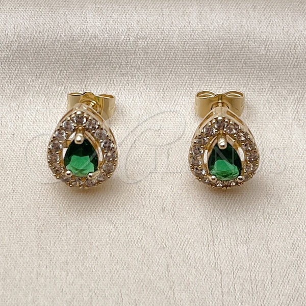 Arete Dormilona 02.283.0386.2 Oro Laminado, Diseño de Gota y Cluster, con Verde and Blanca Zirconia Cubica, Pulido, Tono Dorado