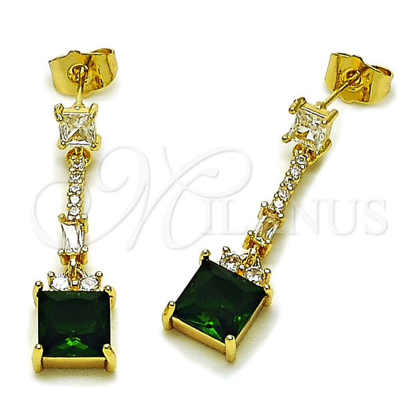 Arete Largo 02.283.0313.2 Oro Laminado, Diseño de Baguette, con Verde and Blanca Zirconia Cubica, Pulido, Tono Dorado