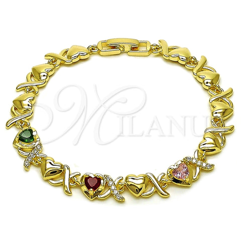 Pulsera Elegante 03.266.0058.07 Oro Laminado, Diseño de Besos y Abrazos y Corazon, Diseño de Besos y Abrazos, con Zirconia Cubica Multicolor y Blanca, Pulido, Dorado