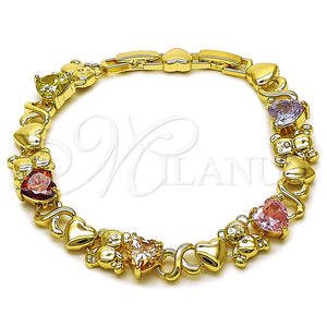 Pulsera Elegante 03.213.0423.1.07 Oro Laminado, Diseño de Besos y Abrazos y Corazón, con Zirconia Cubica Multicolor, Pulido, Tono Dorado (Grosor 10 MM, 7 Pulgadas de Largo)