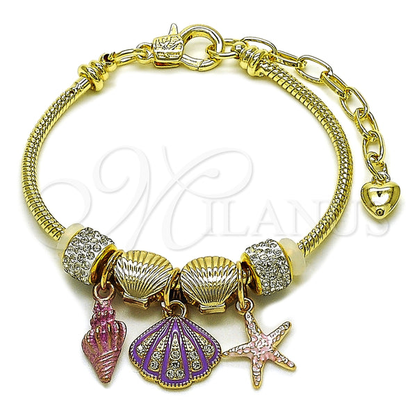 Pulsera de Dije 03.442.0002.07 Oro Laminado, Diseño de Concha y Estrella, con Blanca Cristal, Esmaltado Rosado, Tono Dorado (Thickness, 7 Inches Length)