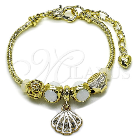 Pulsera de Dije 03.442.0007.07 Oro Laminado, Diseño de Concha, con Zirconia Cubica Blanca, Esmaltado Blanco, Dorado