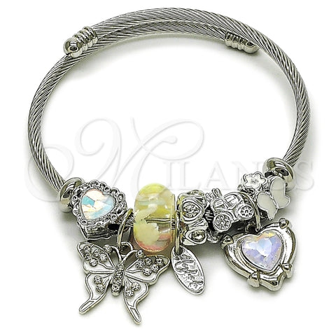 Aro Individual 07.442.0004 Acero Inoxidable, Diseño de Mariposa y Corazon, Diseño de Mariposa, con Cristal Aurore Boreale y Blanca, Esmaltado Blanco, Acero