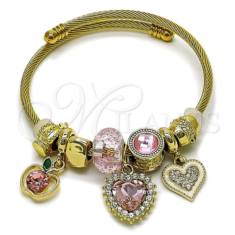 Aro Individual 07.442.0005.1 Acero Inoxidable, Diseño de Corazon y Manzana, Diseño de Corazon, con Cristal Blanca y Rosado, Pulido, Dorado