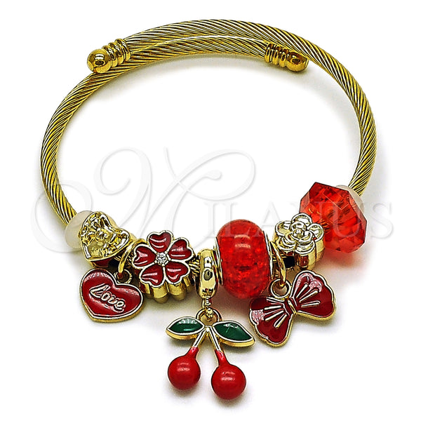 Aro Individual 07.442.0006 Acero Inoxidable, Diseño de Cereza y Corazón, con Granate and Blanca Cristal, Esmaltado Rojo, Tono Dorado (03 MM Thickness, One size fits all)