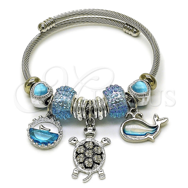 Aro Individual 07.442.0007 Acero Inoxidable, Diseño de Tortuga y Delfín, con Light Turquoise and Blanca Cristal, Pulido, Tono Plateado (03 MM Thickness, One size fits all)