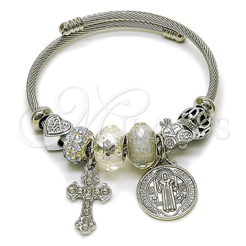 Aro Individual 07.442.0008 Acero Inoxidable, Diseño de San Benito y Cruz, Diseño de San Benito, con Cristal Aurore Boreale y Blanca, Pulido, Acero