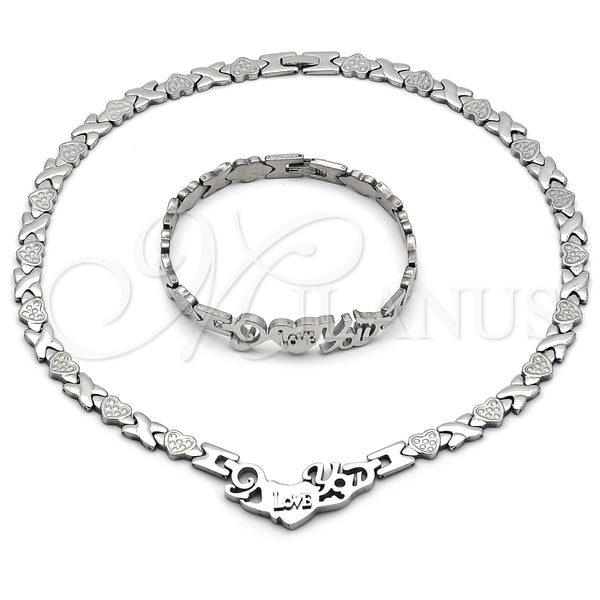 Collar y Pulsera 06.231.0036 Acero Inoxidable, Diseño de Besos y Abrazos y Corazón, Pulido, Tono Plateado
