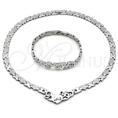 Collar y Pulsera 06.231.0036 Acero Inoxidable, Diseño de Besos y Abrazos y Corazón, Pulido, Tono Plateado