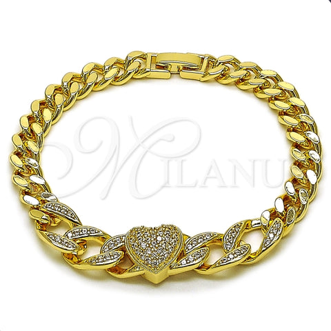 Pulsera Elegante 03.283.0550.07 Oro Laminado, Diseño de Corazon y Miami Cubana, Diseño de Corazon, con Zirconia Cubica Blanca y Micro PaveBlanca, Pulido, Dorado