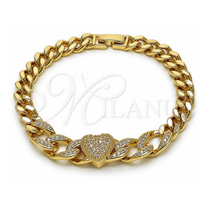 Pulsera Elegante 03.283.0550.07 Oro Laminado, Diseño de Corazón y Miami Cubana, con Blanca Zirconia Cubica and Blanca Micro Pave, Pulido, Tono Dorado (Thickness, 8 Inches Length)