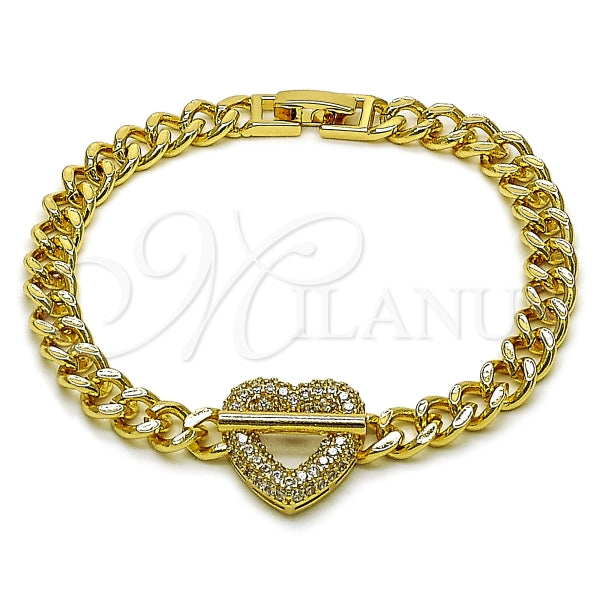 Pulsera Elegante 03.283.0551.07 Oro Laminado, Diseño de Corazon y Miami Cubana, Diseño de Corazon, con Micro Pave Blanca, Pulido, Dorado