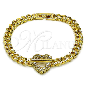 Pulsera Elegante 03.283.0551.07 Oro Laminado, Diseño de Corazón y Miami Cubana, con Micro Pave Blanca, Pulido, Tono Dorado (Grosor 06.5 MM, 7 Pulgadas de Largo)
