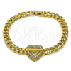 Pulsera Elegante 03.283.0551.07 Oro Laminado, Diseño de Corazón y Miami Cubana, con Micro Pave Blanca, Pulido, Tono Dorado (Grosor 06.5 MM, 7 Pulgadas de Largo)