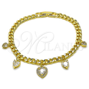 Pulsera de Dije 03.283.0552.07 Oro Laminado, Diseño de Corazón y Miami Cubana, con Zirconia Cubica Blanca y Micro Pave Blanca, Pulido, Tono Dorado (Grosor 05 MM, 7 Pulgadas de Largo)