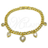 Pulsera de Dije 03.283.0552.07 Oro Laminado, Diseño de Corazón y Miami Cubana, con Zirconia Cubica Blanca y Micro Pave Blanca, Pulido, Tono Dorado (Grosor 05 MM, 7 Pulgadas de Largo)
