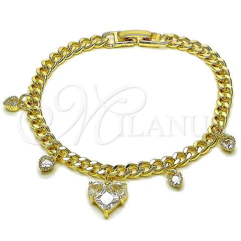 Pulsera de Dije 03.283.0553.07 Oro Laminado, Diseño de Corazón y Miami Cubana, con Blanca Zirconia Cubica, Pulido, Tono Dorado (05 MM Thickness, 7 Inches Length)