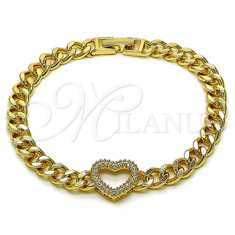 Pulsera Elegante 03.283.0557.07 Oro Laminado, Diseño de Corazon y Miami Cubana, Diseño de Corazon, con Micro Pave Blanca, Pulido, Dorado