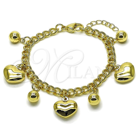 Pulsera de Dije 03.213.0426.07 Oro Laminado, Diseño de Corazon y Miami Cubana, Diseño de Corazon, Pulido, Dorado