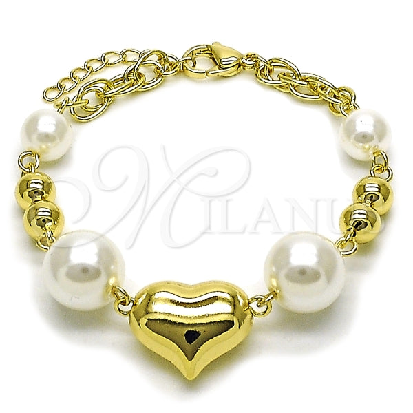 Pulsera Elegante 03.213.0428.07 Oro Laminado, Diseño de Corazon y Bola, Diseño de Corazon, con Perla Marfil, Pulido, Dorado