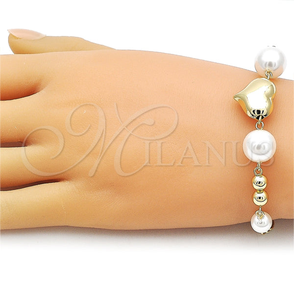 Pulsera Elegante 03.213.0428.07 Oro Laminado, Diseño de Corazón y Bola, con Marfil Perla, Pulido, Tono Dorado (15 MM Thickness, 7 Inches Length)