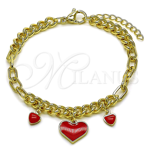 Pulsera Elegante 03.213.0429.07 Oro Laminado, Diseño de Corazón y Paperclip, Esmaltado Rojo, Tono Dorado (Thickness, 7 Inches Length)