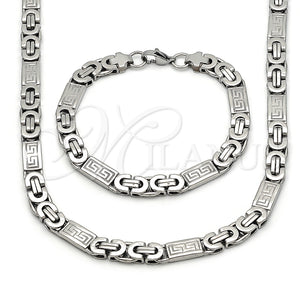 Collar y Pulsera 06.116.0009.2.22 Acero Inoxidable, Diseño de Llave Griega, Pulido, Tono Plateado