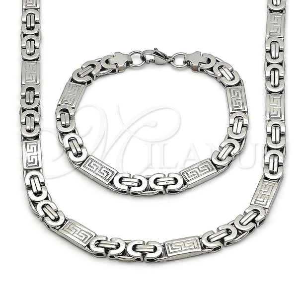 Collar y Pulsera 06.116.0009.2.22 Acero Inoxidable, Diseño de Llave Griega, Pulido, Tono Plateado
