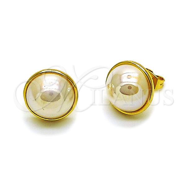 Arete Dormilona 02.282.0116 Oro Laminado, Diseño de Bola, con Madre Perla Marfil, Pulido, Tono Dorado