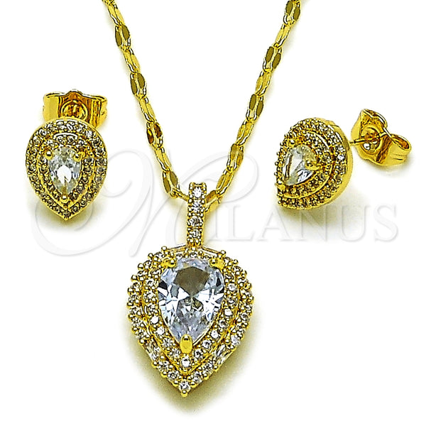 Juego de Arete y Dije de Adulto 10.424.0001.2 Oro Laminado, Diseño de Gota y Cluster, con Blanca Zirconia Cubica, Pulido, Tono Dorado