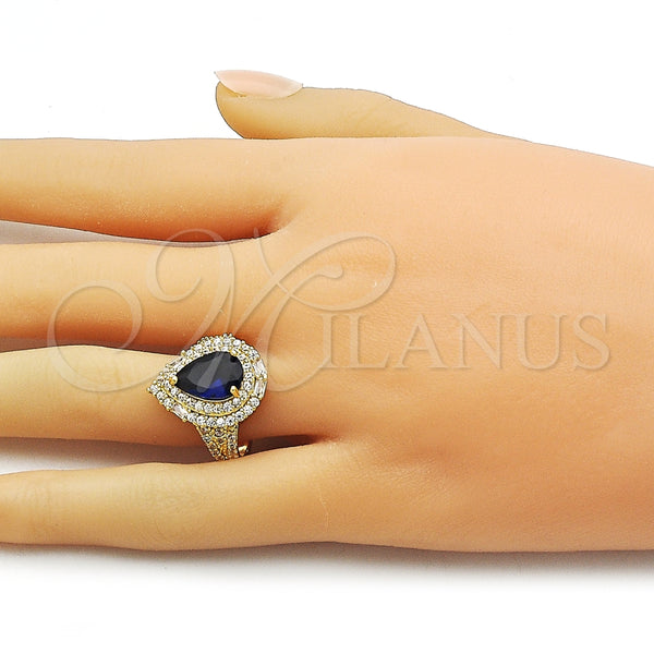 Anillo Multi Piedra 01.424.0002.3 Oro Laminado, Diseño de Cluster y Gota, con Zafiro Azul and Blanca Zirconia Cubica, Pulido, Tono Dorado (One size fits all)