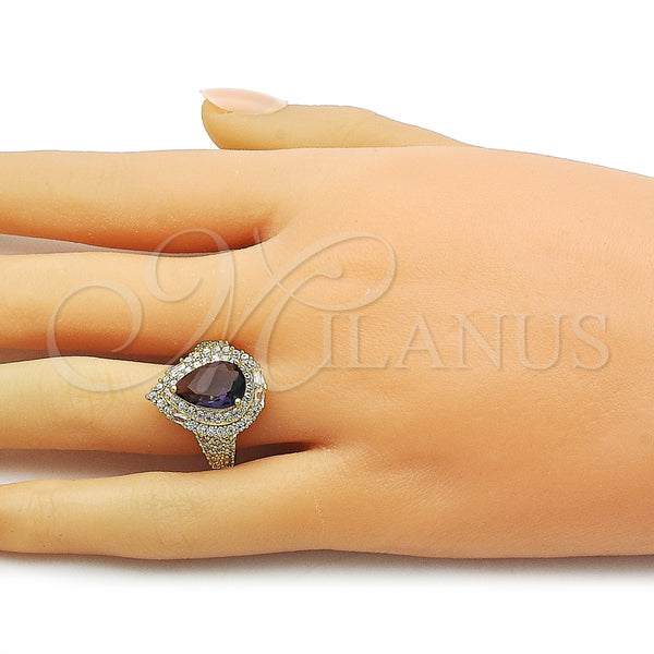 Anillo Multi Piedra 01.424.0002.4 Oro Laminado, Diseño de Cluster y Gota, con Amatista and Blanca Zirconia Cubica, Pulido, Tono Dorado (One size fits all)