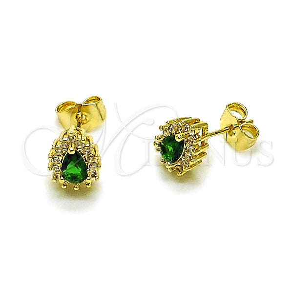 Arete Dormilona 02.156.0741.2 Oro Laminado, Diseño de Gota y Cluster, con Verde and Blanca Zirconia Cubica, Pulido, Tono Dorado