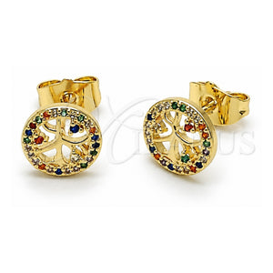 Arete Dormilona 02.156.0747.1 Oro Laminado, Diseño de Ãrbol, con Zirconia Cubica Multicolor, Pulido, Tono Dorado