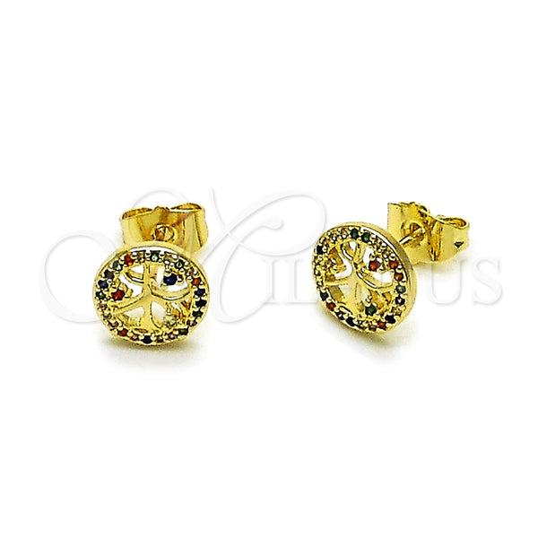 Arete Dormilona 02.156.0747.1 Oro Laminado, Diseño de Ãrbol, con Multicolor Zirconia Cubica, Pulido, Tono Dorado