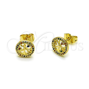 Arete Dormilona 02.156.0747.1 Oro Laminado, Diseño de Ãrbol, con Multicolor Zirconia Cubica, Pulido, Tono Dorado