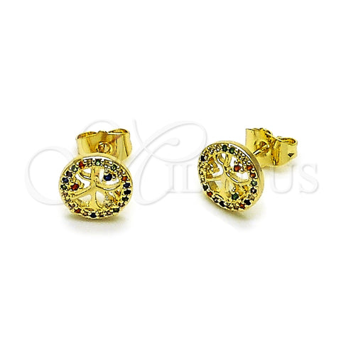 Arete Dormilona 02.156.0747.1 Oro Laminado, Diseño de Ãrbol, con Multicolor Zirconia Cubica, Pulido, Tono Dorado