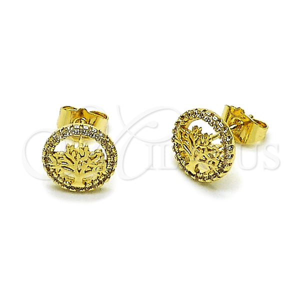 Arete Dormilona 02.156.0748 Oro Laminado, Diseño de Ãrbol, con Blanca Micro Pave, Pulido, Tono Dorado