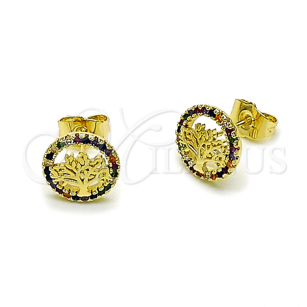Arete Dormilona 02.156.0748.1 Oro Laminado, Diseño de Ãrbol, con Multicolor Micro Pave, Pulido, Tono Dorado