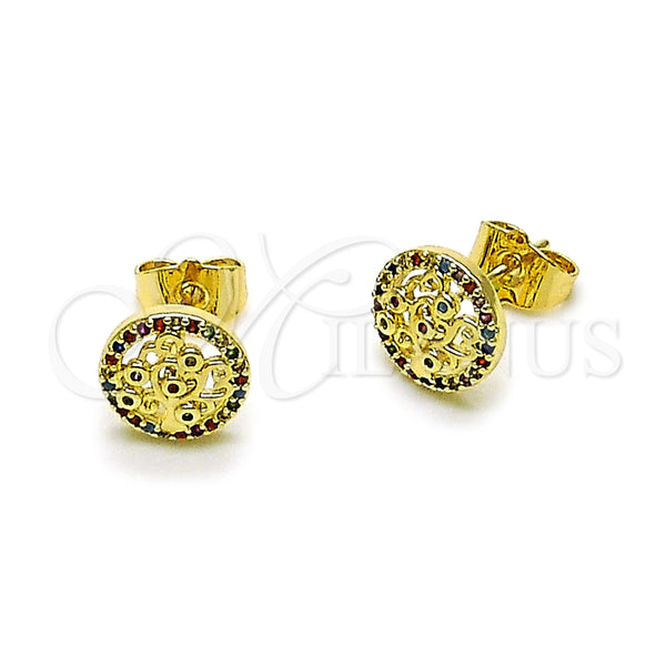 Arete Dormilona 02.156.0749.1 Oro Laminado, Diseño de Ãrbol, con Multicolor Micro Pave and Multicolor Zirconia Cubica, Pulido, Tono Dorado