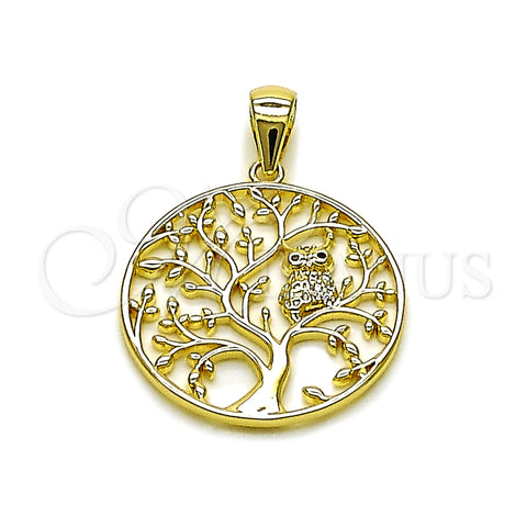 Dije Elegante 05.156.0216 Oro Laminado, Diseño de Ãrbol y Búho, con Blanca Micro Pave, Pulido, Tono Dorado