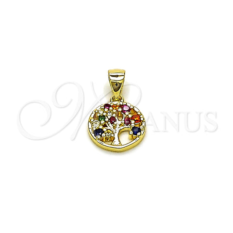 Dije Elegante 05.156.0218 Oro Laminado, Diseño de Ãrbol, con Multicolor Zirconia Cubica, Pulido, Tono Dorado