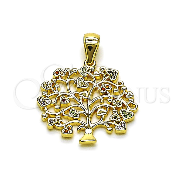 Dije Elegante 05.156.0221 Oro Laminado, Diseño de Ãrbol y Corazón, con Multicolor Micro Pave, Pulido, Tono Dorado