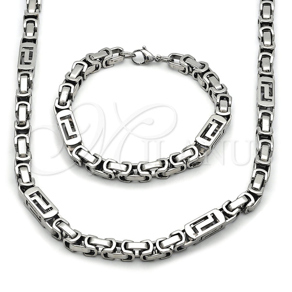 Collar y Pulsera 06.116.0068.22 Acero Inoxidable, Diseño de Llave Griega, Pulido, Tono Plateado