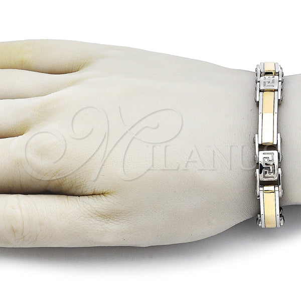 Pulsera Solida 03.116.0052.09 Acero Inoxidable, Diseño de Llave Griega, Pulido, Dos Tonos (Thickness, 9 Inches Length)