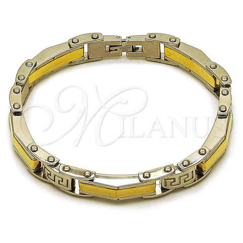 Pulsera Solida 03.116.0052.09 Acero Inoxidable, Diseño de Llave Griega, Pulido, Dos Tonos (Thickness, 9 Inches Length)