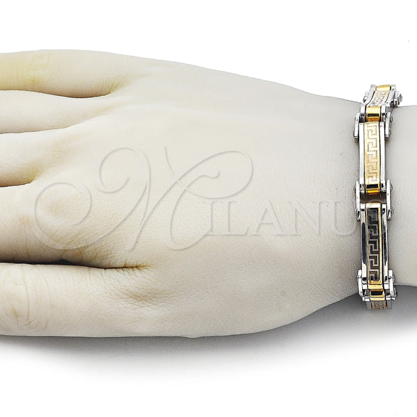 Pulsera Solida 03.116.0055.09 Acero Inoxidable, Diseño de Llave Griega, Pulido, Dos Tonos (Thickness, 9 Inches Length)