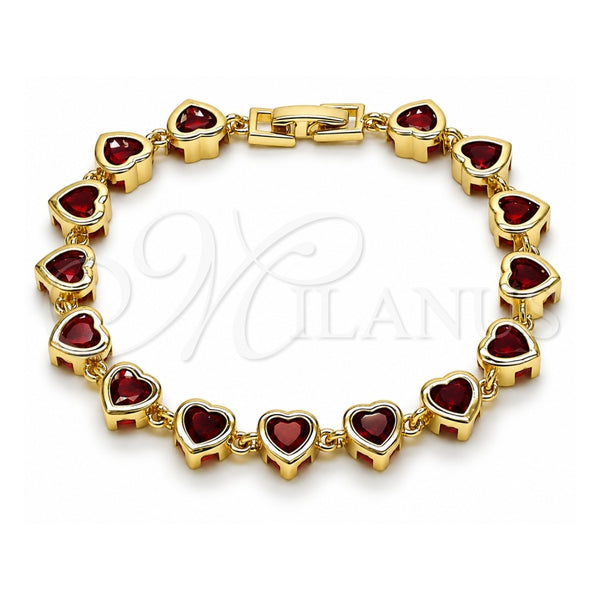 Pulsera Tennis 03.266.0063.07 Oro Laminado, Diseño de Corazón, con Zirconia Cubica Granate, Pulido, Tono Dorado (Grosor 08 MM, 7 Pulgadas de Largo)