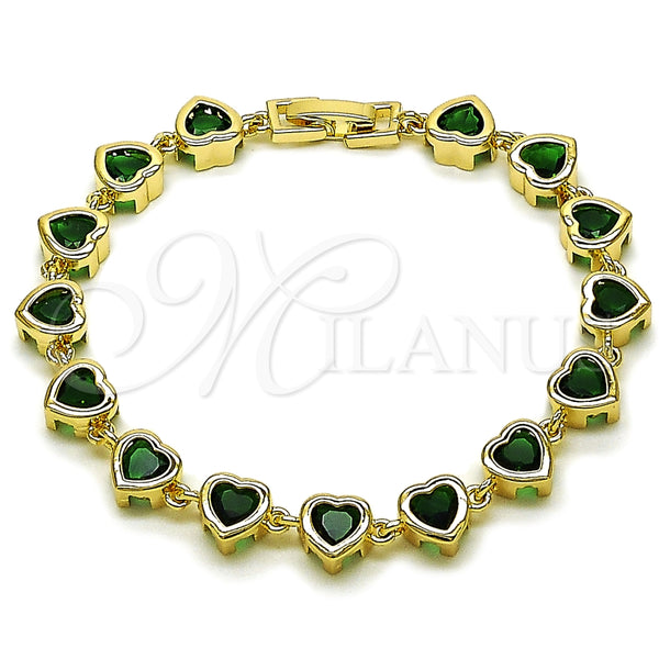Pulsera Tennis 03.266.0063.1.07 Oro Laminado, Diseño de Corazón, con Verde Zirconia Cubica, Pulido, Tono Dorado (08 MM Thickness, 7 Inches Length)